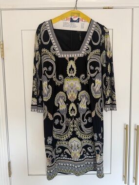 Laundry By Shelli Segal Black Paisley-Print Square Neck Long Sleeve Dress
